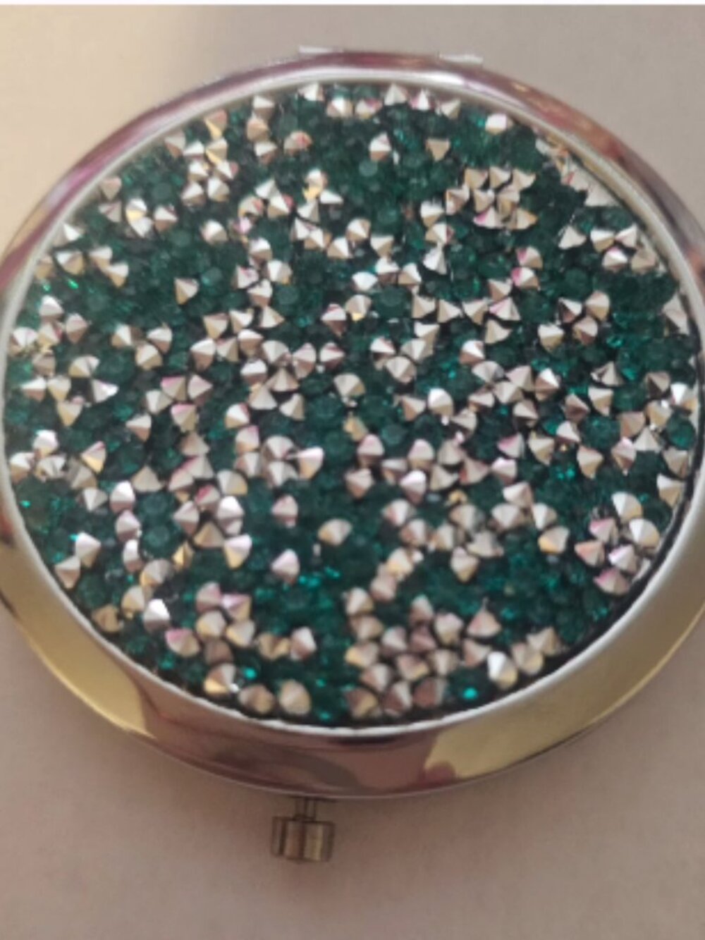 Rhinestone Compact Mirror – Teal & Silver Studded